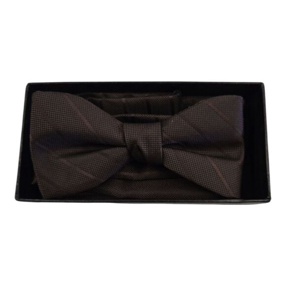 MEN'S LARR BRIO SIMPLY SOLID CHOCOLATE THIN STRIPE BOW TIE & POCKET SQUARE SET. - Picture 3 of 3
